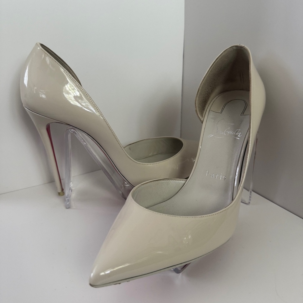 Christian Louboutin Iriza 100 Craie White Grey Patent Leather Heel Pump 39.5